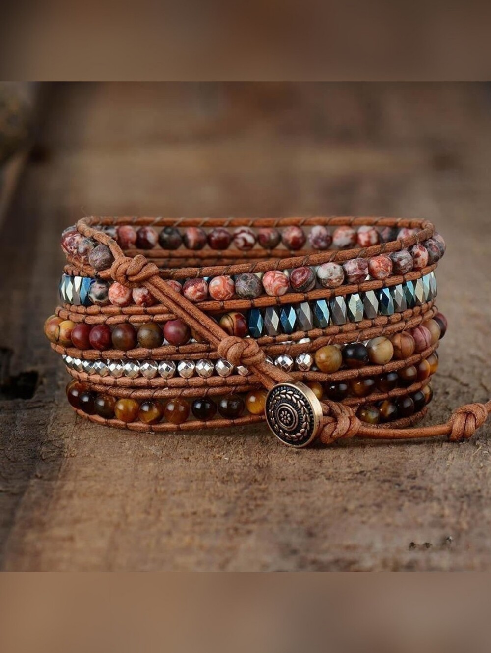Tigers Eye & Leather Boho Wrap Bracelet - Picture 2 of 5